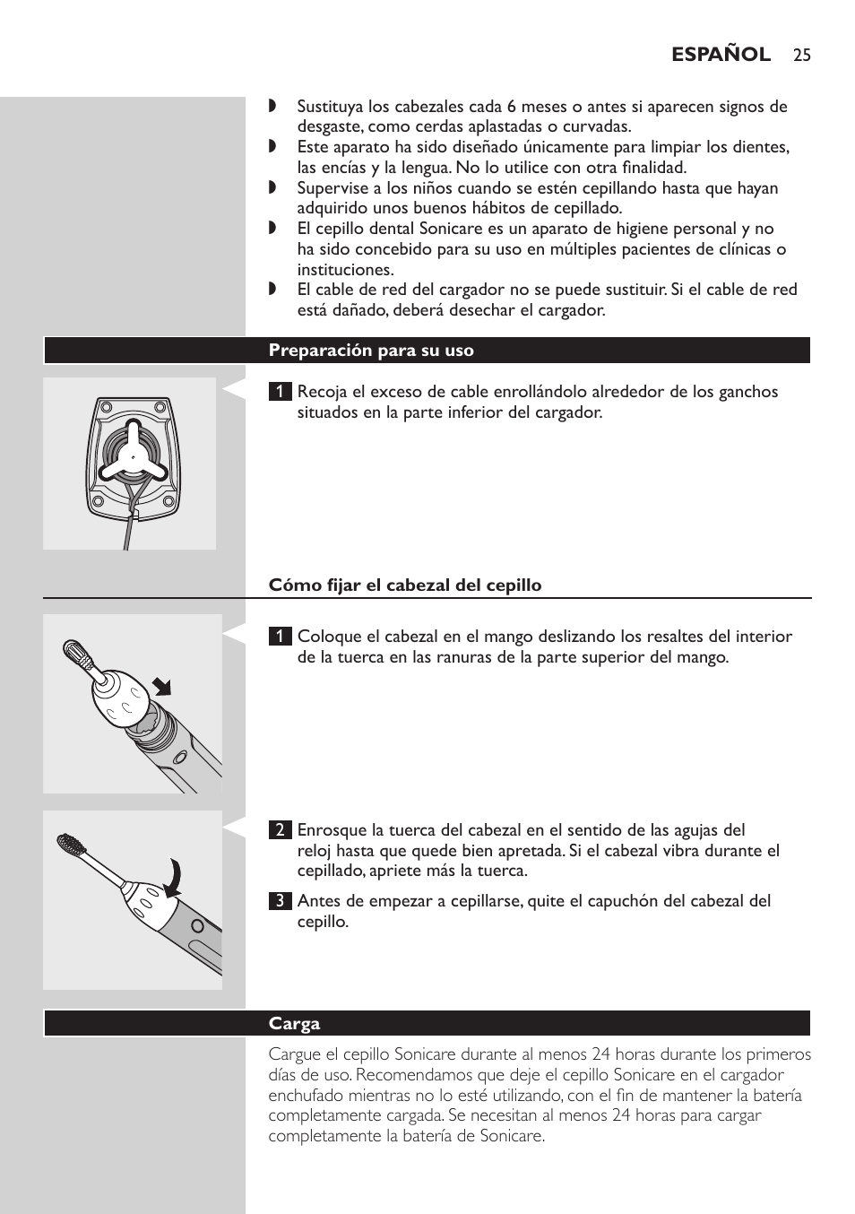 Preparación para su uso, Cómo fijar el cabezal del cepillo, Carga | Philips E5000 User Manual | Page 25 / 84