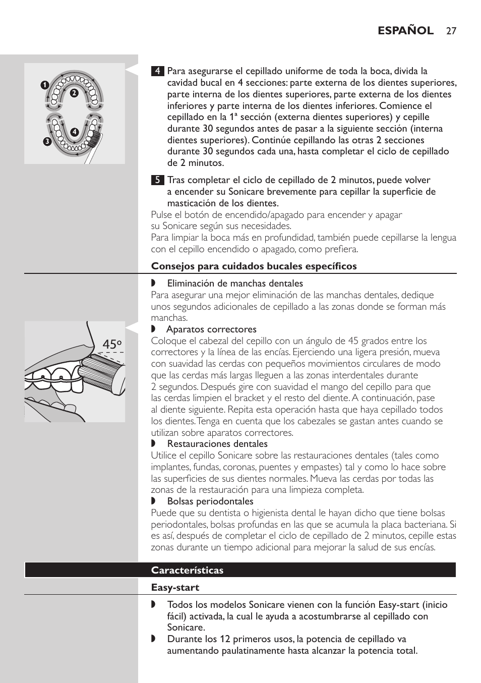 Consejos para cuidados bucales específicos, Características, Easy-start | Philips E5000 User Manual | Page 27 / 84