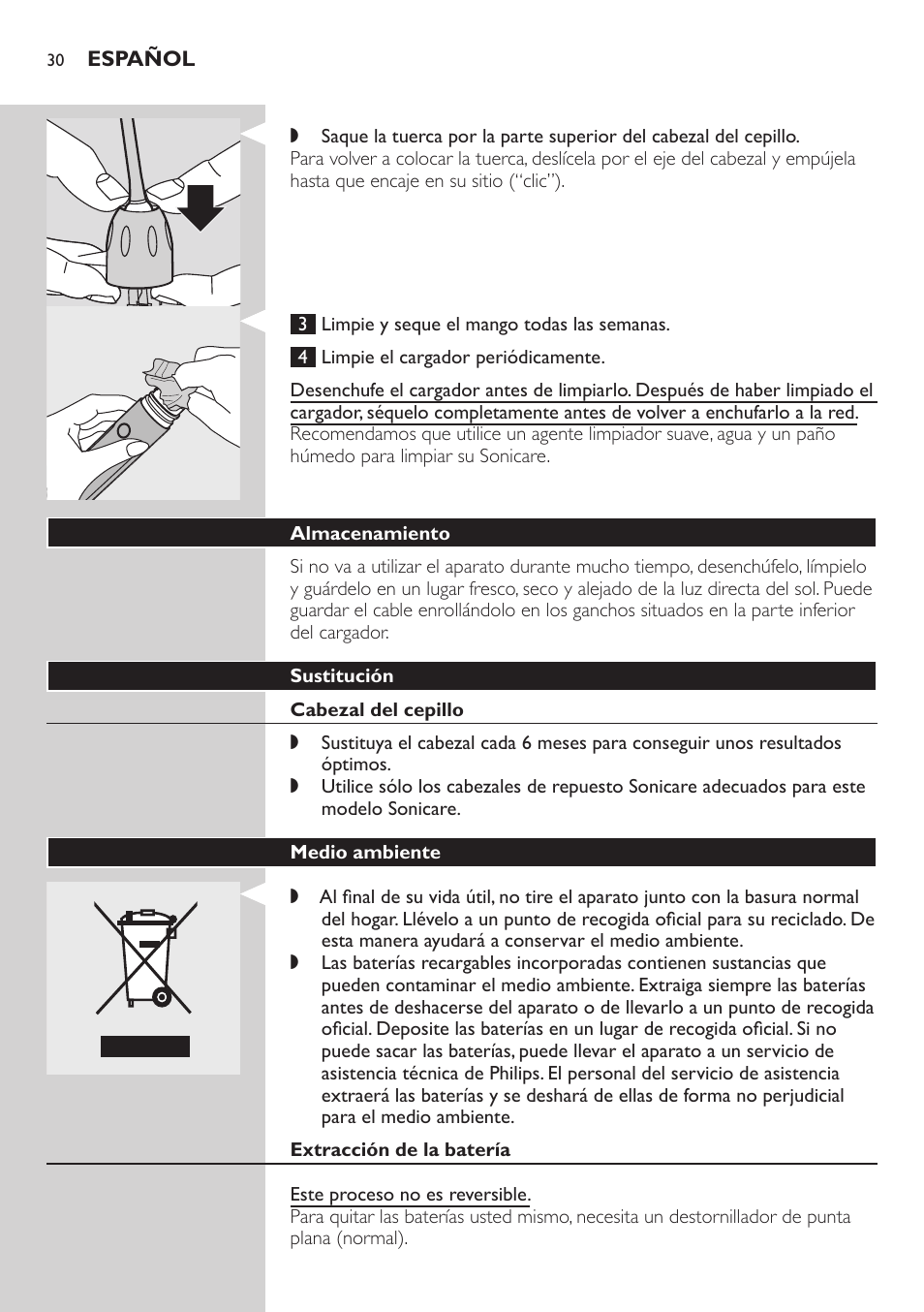 Almacenamiento, Sustitución, Cabezal del cepillo | Medio ambiente, Extracción de la batería | Philips E5000 User Manual | Page 30 / 84