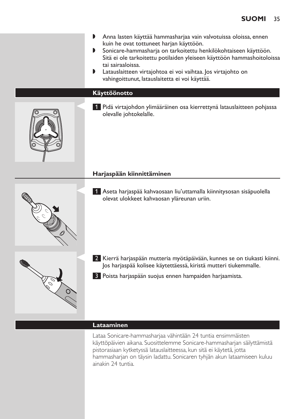 Käyttöönotto, Harjaspään kiinnittäminen, Lataaminen | Philips E5000 User Manual | Page 35 / 84