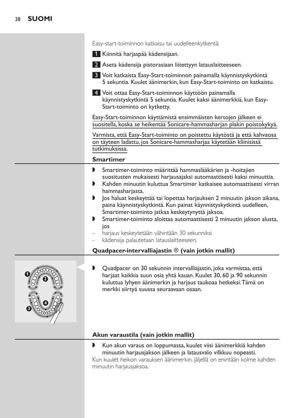 Smartimer, Akun varaustila (vain jotkin mallit) | Philips E5000 User Manual | Page 38 / 84