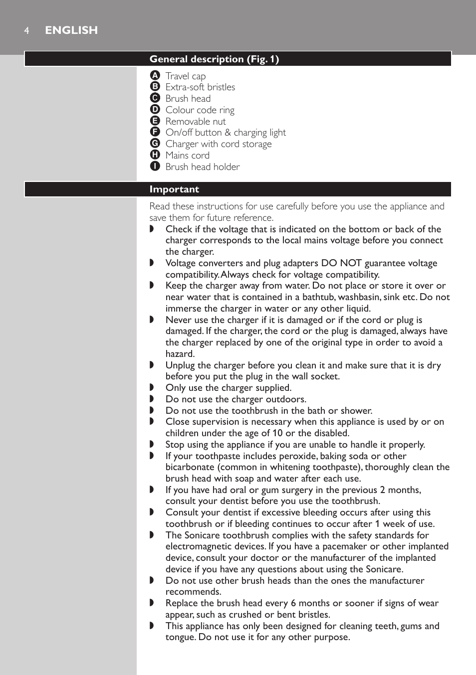 English, General description﻿ (fig. 1), Important | Philips E5000 User Manual | Page 4 / 84