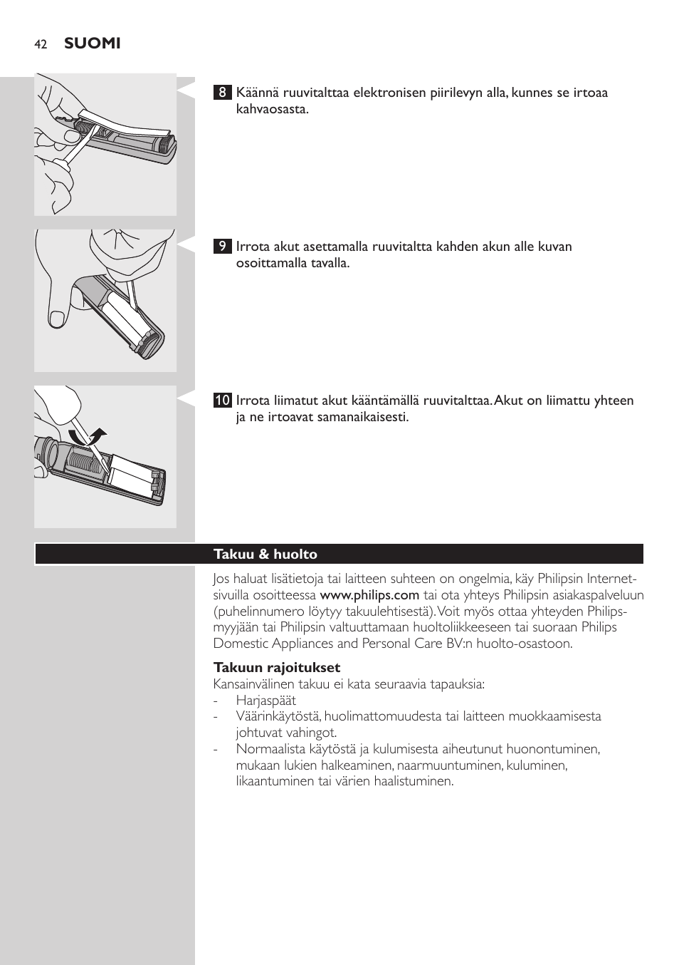 Takuun rajoitukset, Takuu & huolto | Philips E5000 User Manual | Page 42 / 84