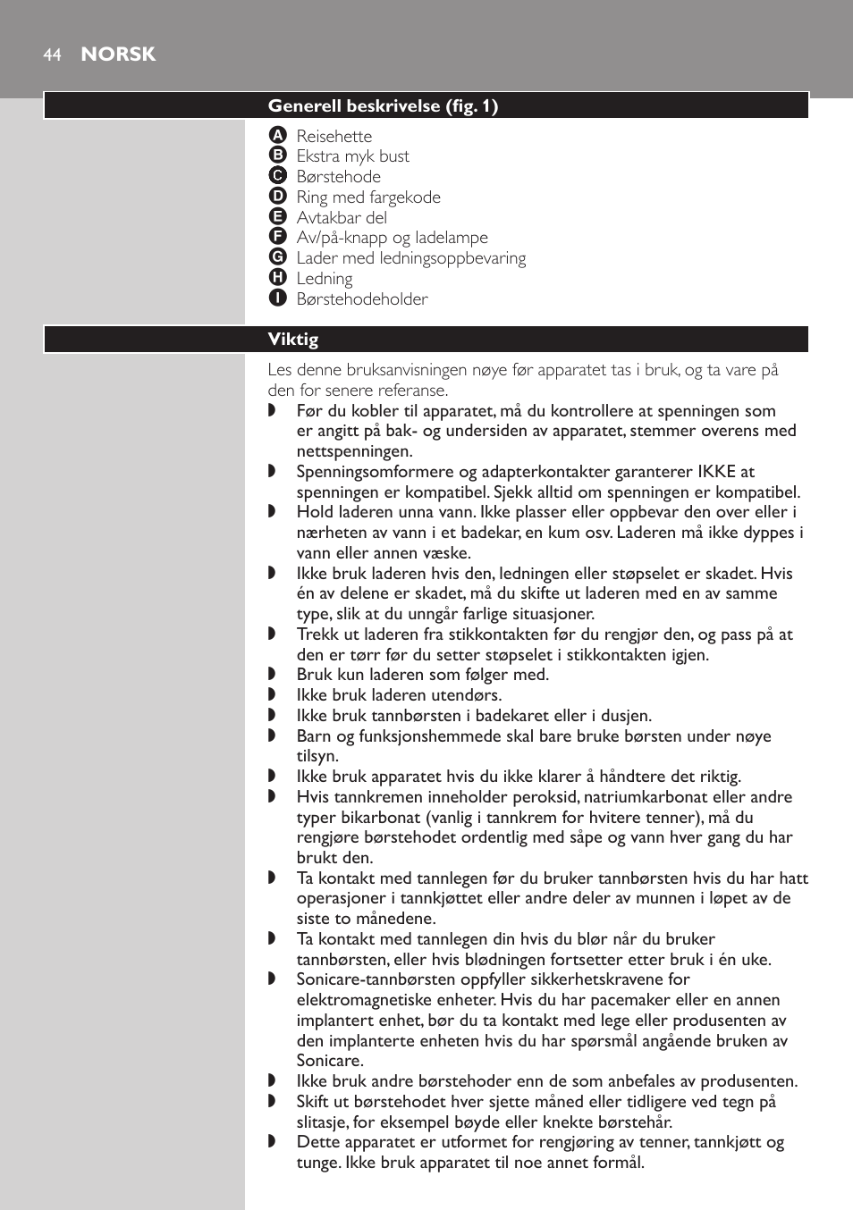 Norsk, Generell beskrivelse﻿ (fig. 1), Viktig | Philips E5000 User Manual | Page 44 / 84