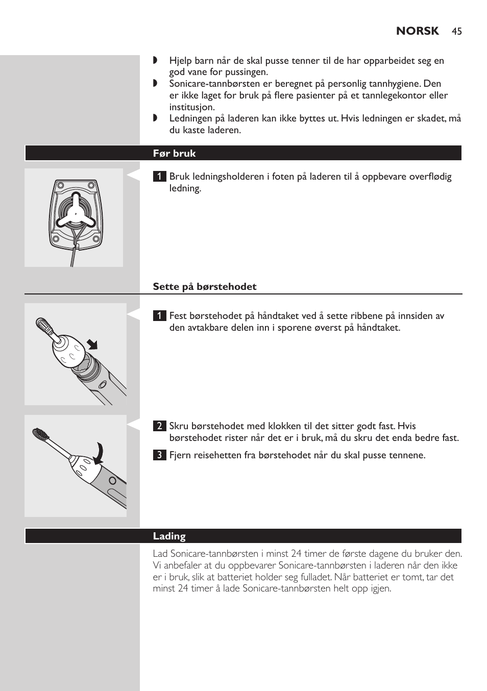 Før bruk, Sette på børstehodet, Lading | Philips E5000 User Manual | Page 45 / 84