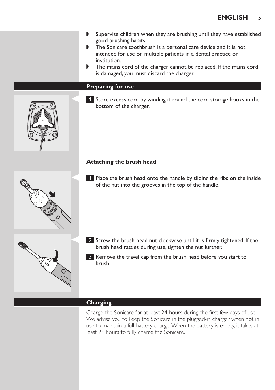 Preparing for use, Attaching the brush head, Charging | Philips E5000 User Manual | Page 5 / 84