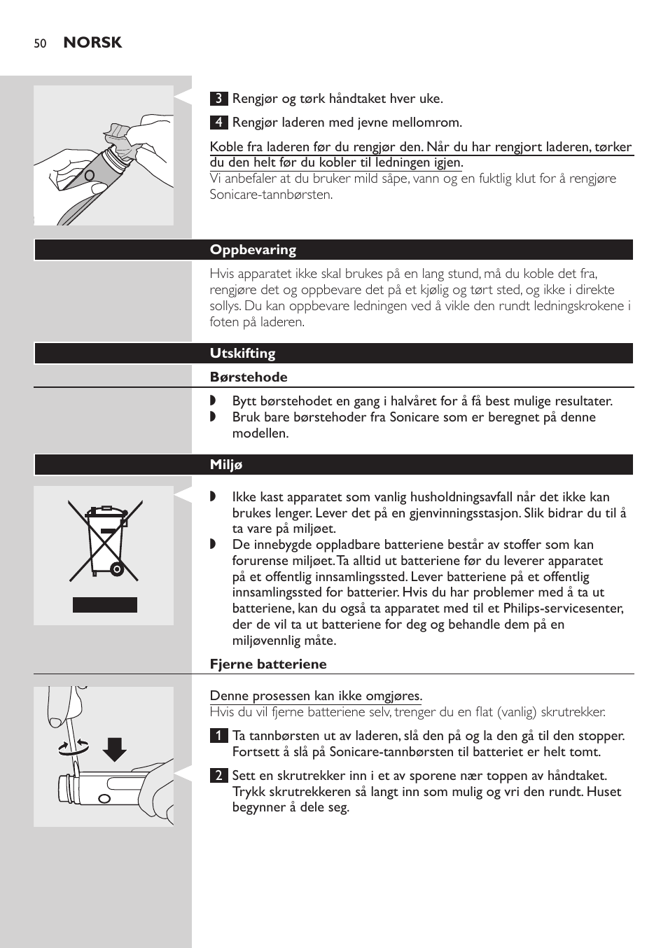 Oppbevaring, Utskifting, Børstehode | Miljø, Fjerne batteriene | Philips E5000 User Manual | Page 50 / 84