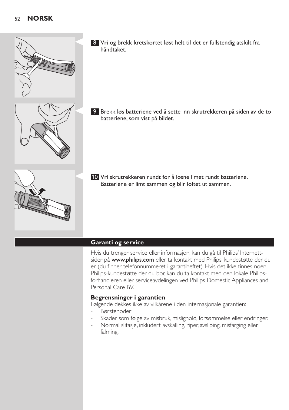 Begrensninger i garantien, Garanti og service, Feilsøking | Philips E5000 User Manual | Page 52 / 84