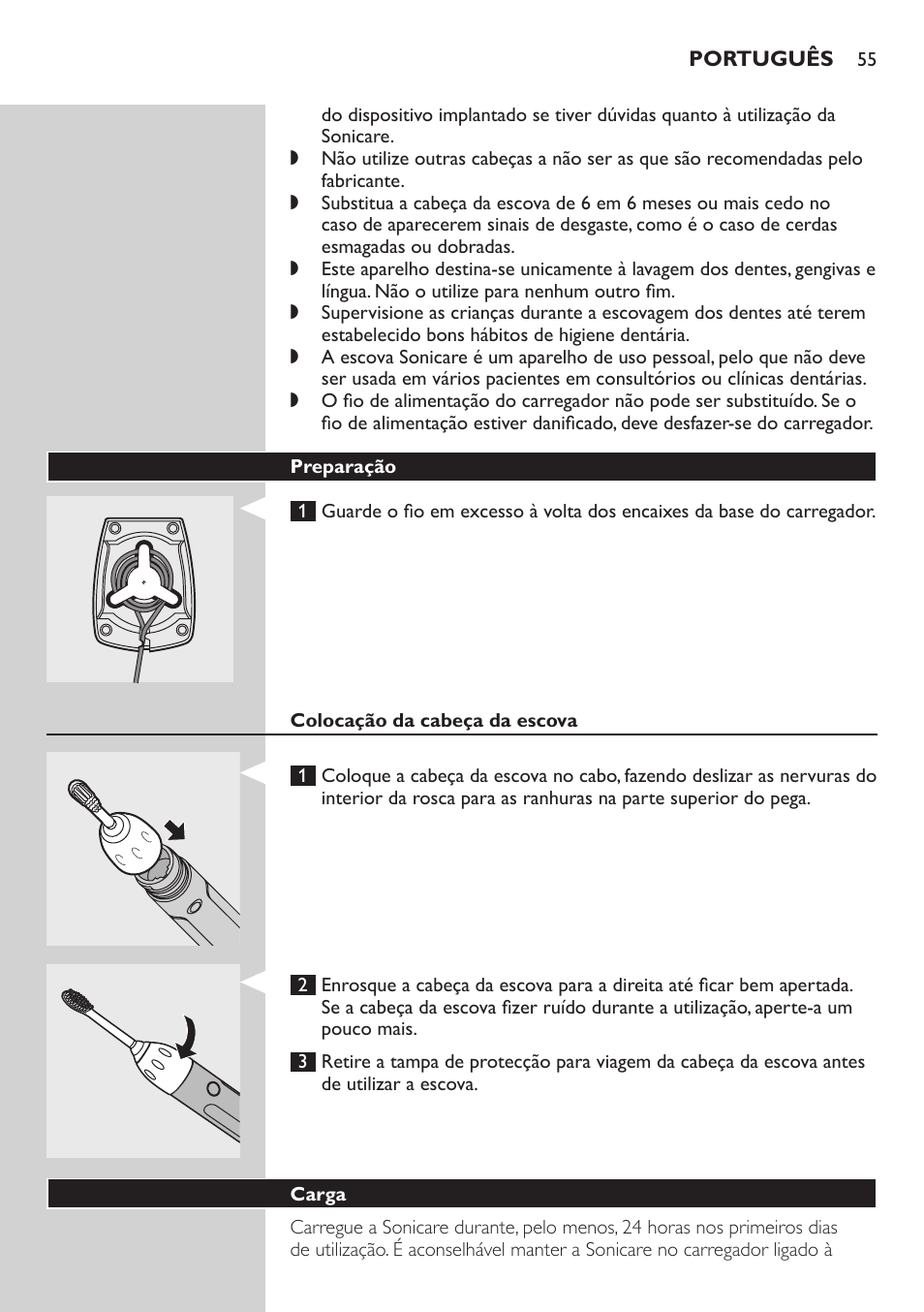 Preparação, Colocação da cabeça da escova, Carga | Philips E5000 User Manual | Page 55 / 84