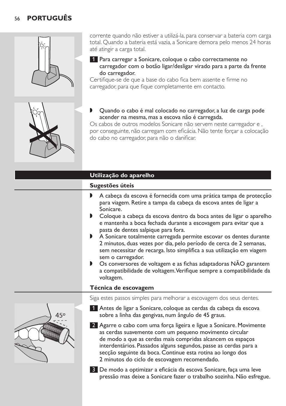 Utilização do aparelho, Sugestões úteis, Técnica de escovagem | Philips E5000 User Manual | Page 56 / 84