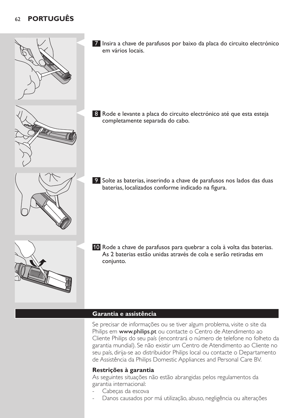 Restrições à garantia, Garantia e assistência | Philips E5000 User Manual | Page 62 / 84