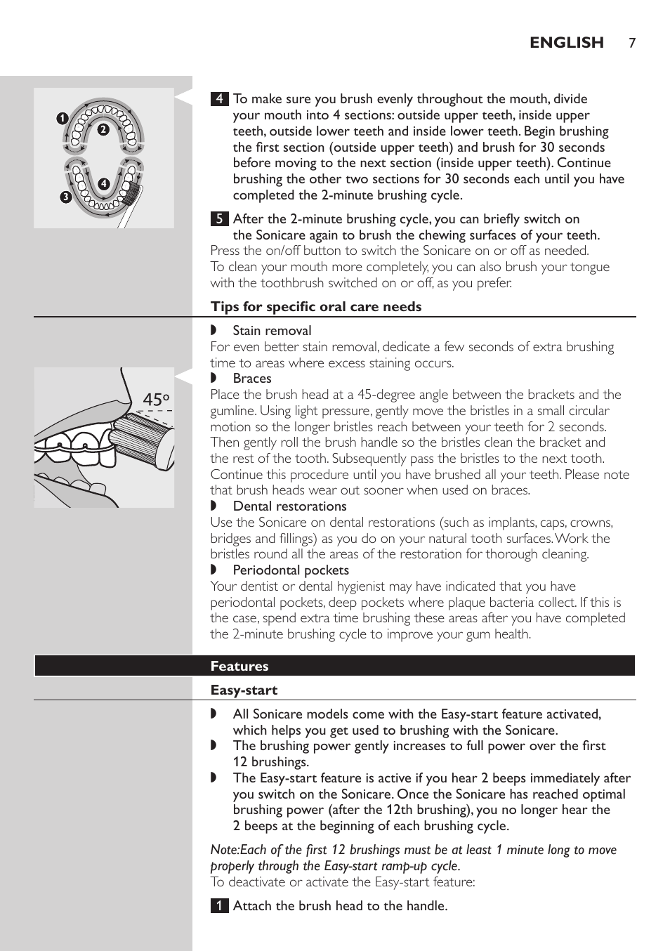 Tips for specific oral care needs, Features, Easy-start | Philips E5000 User Manual | Page 7 / 84