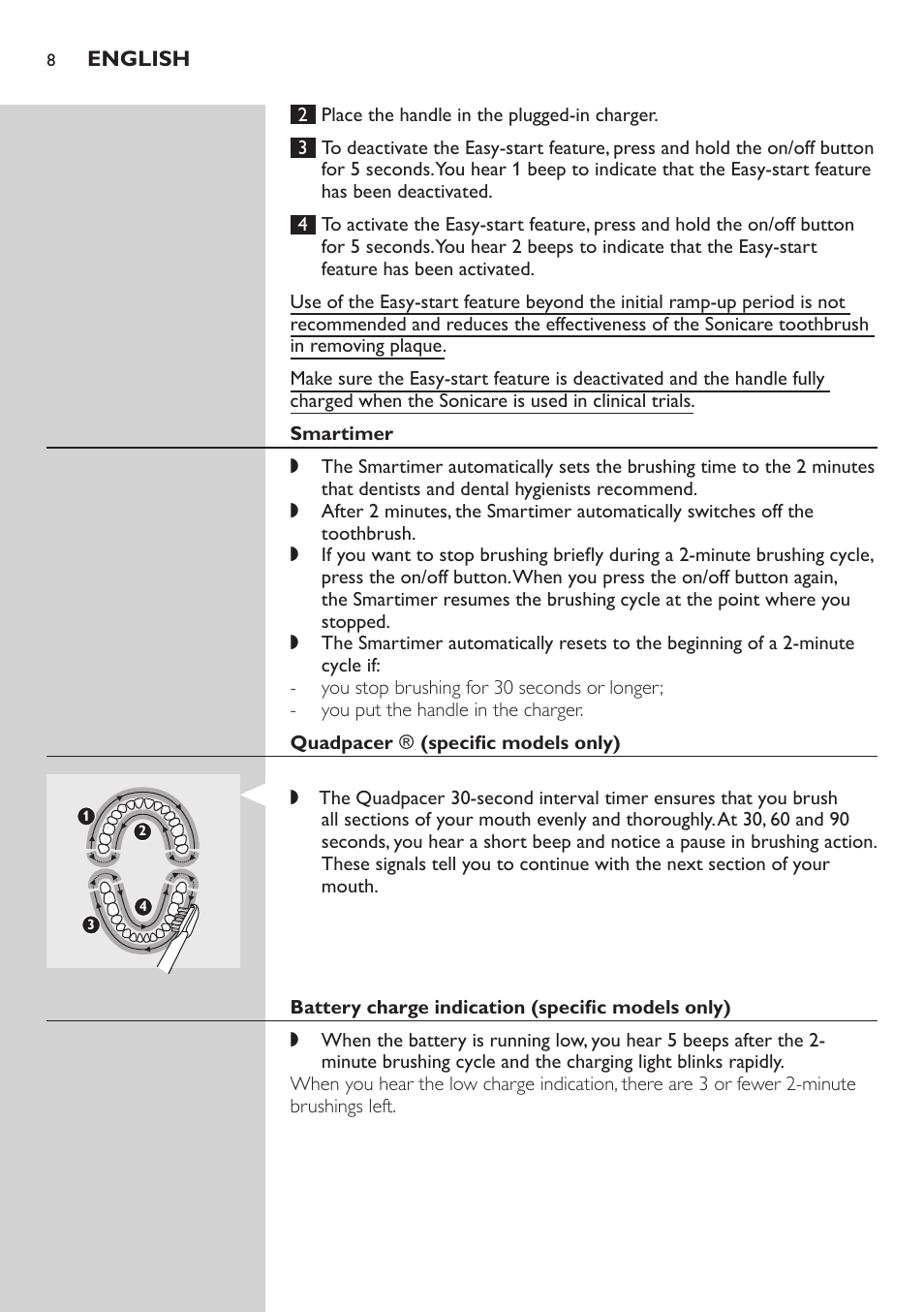 Smartimer, Quadpacer ﻿\﻿ (specific models only), Battery charge indication (specific models only) | Philips E5000 User Manual | Page 8 / 84