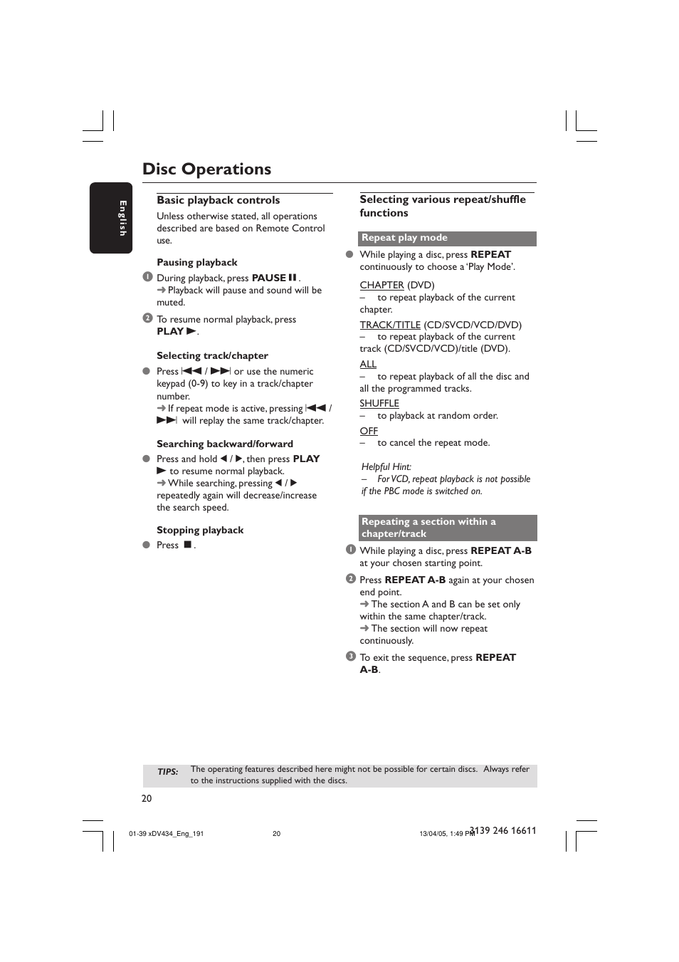 Disc operations | Philips xDV434/19 User Manual | Page 20 / 39