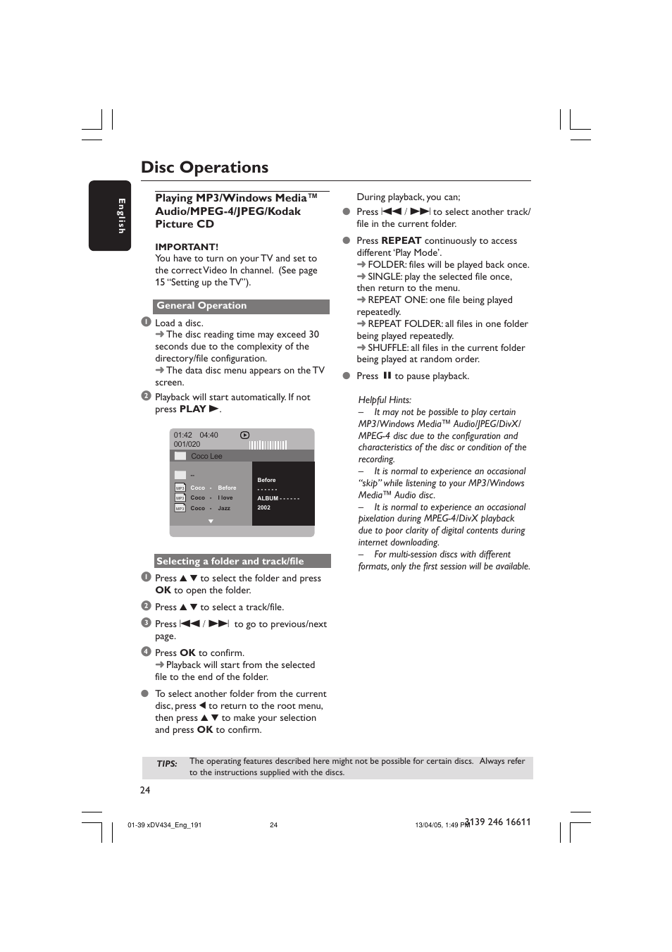 Disc operations | Philips xDV434/19 User Manual | Page 24 / 39