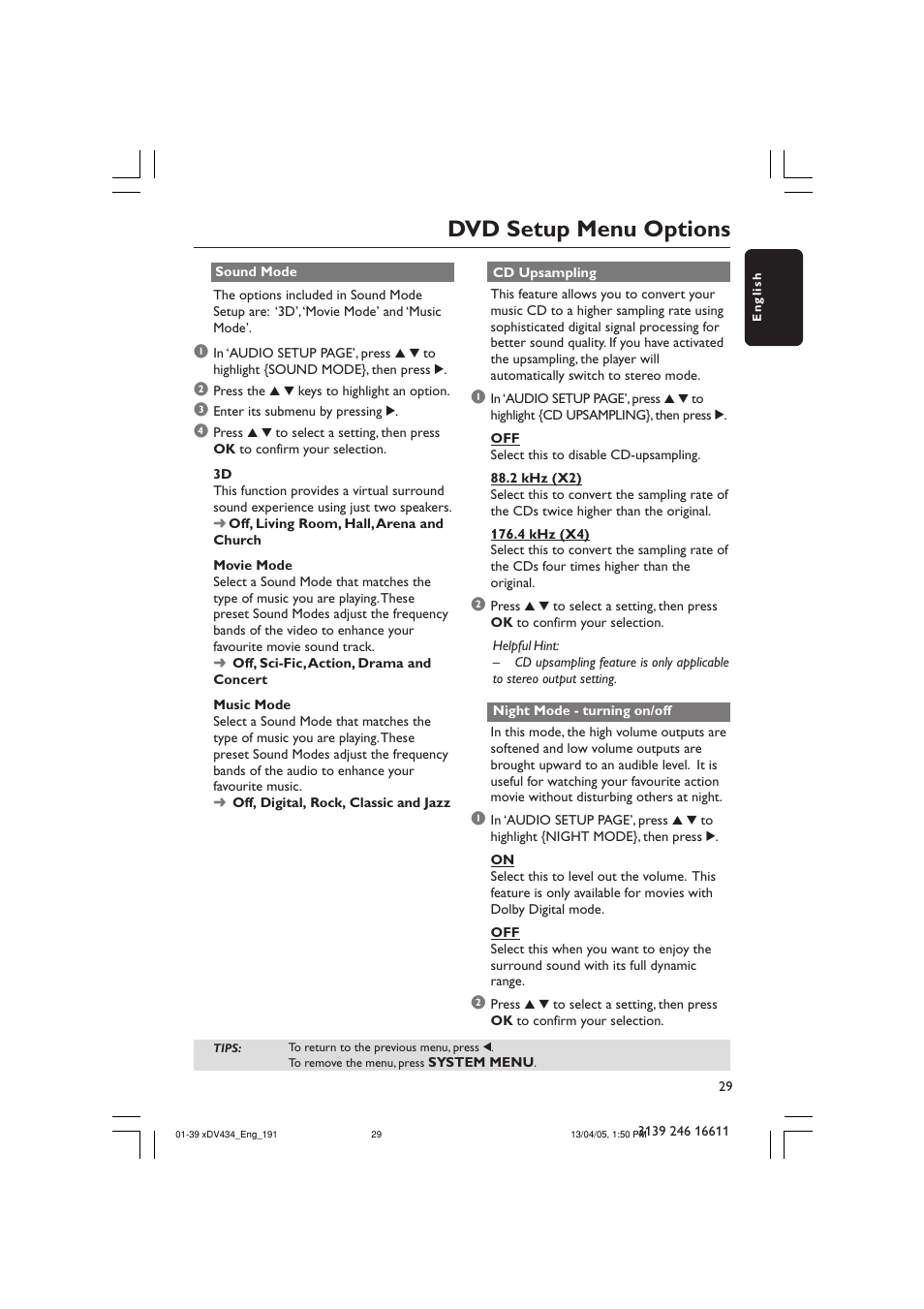 Dvd setup menu options | Philips xDV434/19 User Manual | Page 29 / 39