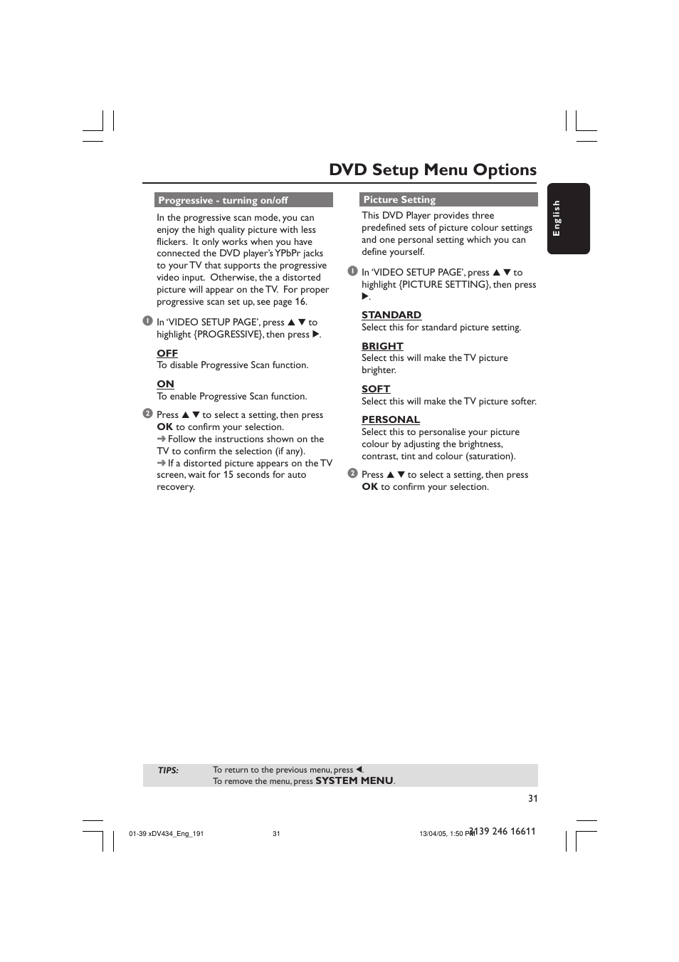 Dvd setup menu options | Philips xDV434/19 User Manual | Page 31 / 39