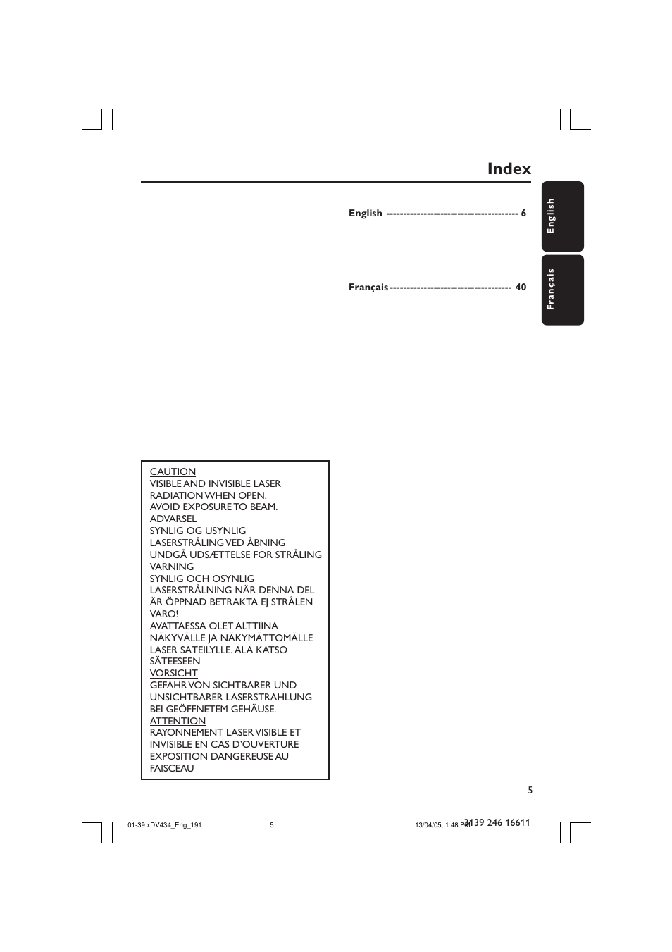 Index | Philips xDV434/19 User Manual | Page 5 / 39