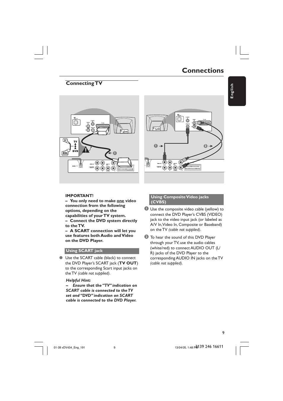 Connections, Connecting tv | Philips xDV434/19 User Manual | Page 9 / 39