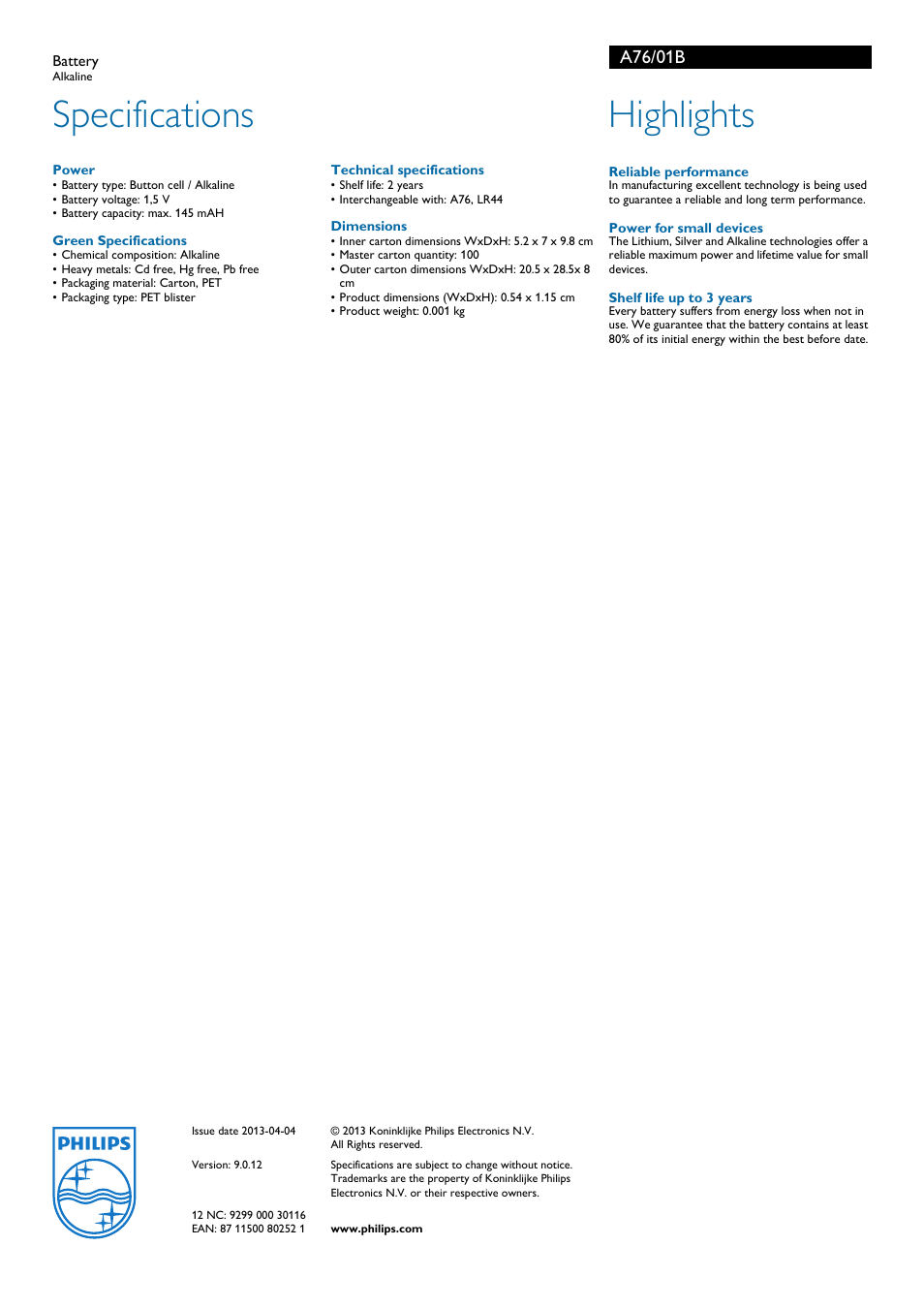 Specifications, Highlights, A76/01b | Philips A76 User Manual | Page 2 / 2