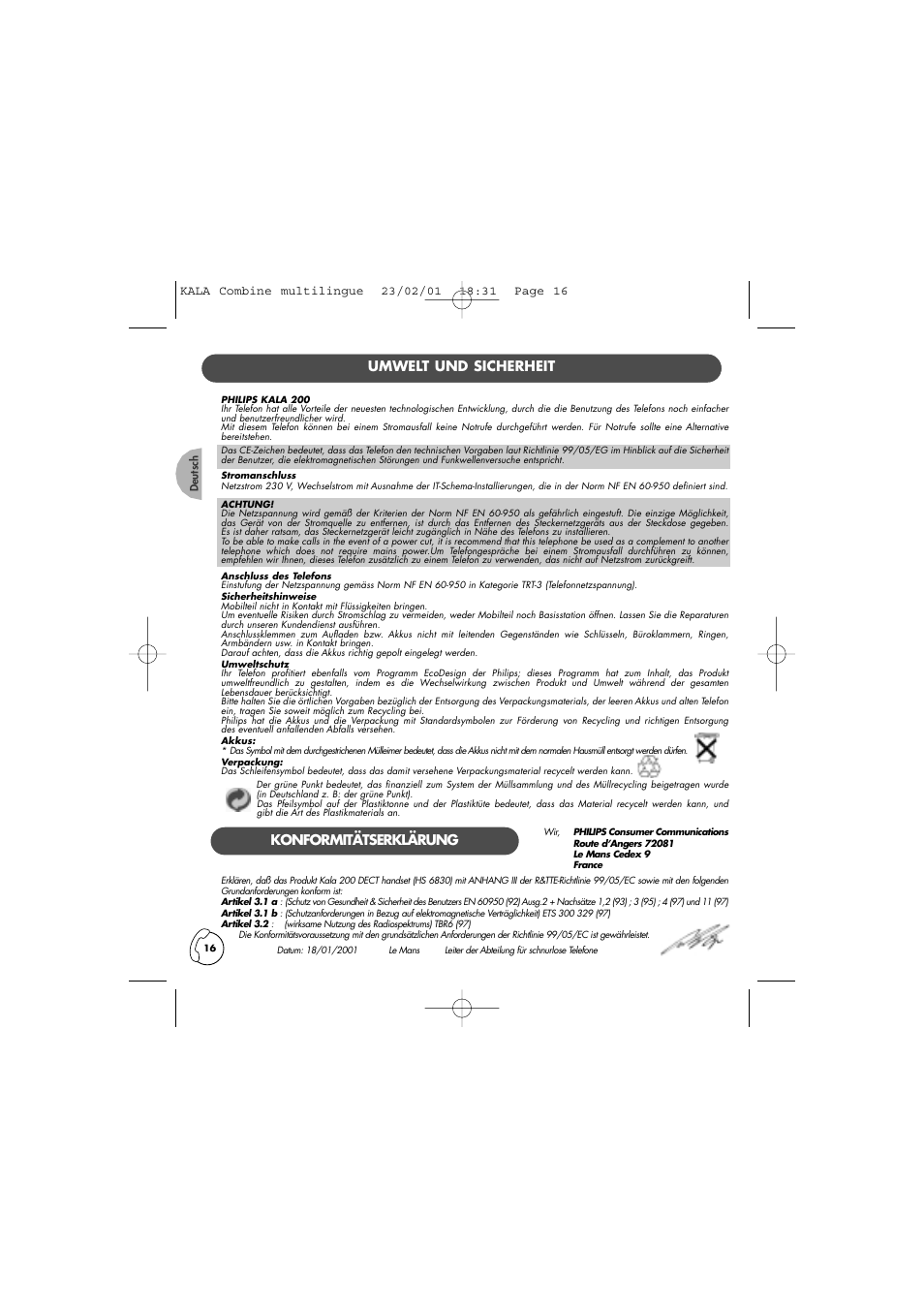 Umwelt und sicherheit, Konformitätserklärung | Philips KALA 200 ADDITIONAL HANDSET TD6830 User Manual | Page 17 / 89