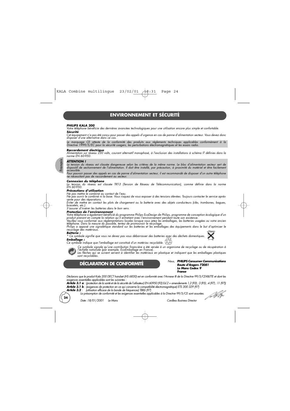 Environnement et sécurité, Déclaration de conformité | Philips KALA 200 ADDITIONAL HANDSET TD6830 User Manual | Page 25 / 89