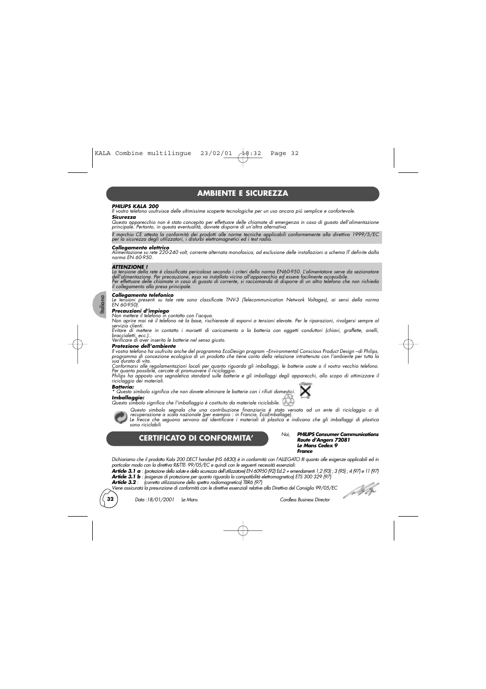 Ambiente e sicurezza, Certificato di conformita | Philips KALA 200 ADDITIONAL HANDSET TD6830 User Manual | Page 33 / 89