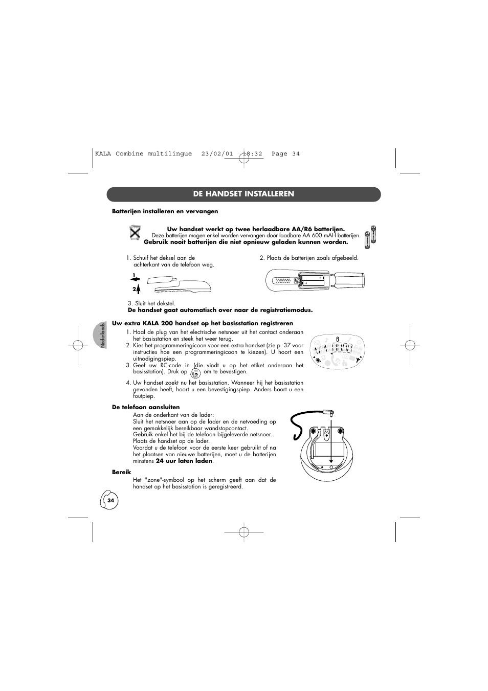 De handset installeren | Philips KALA 200 ADDITIONAL HANDSET TD6830 User Manual | Page 35 / 89