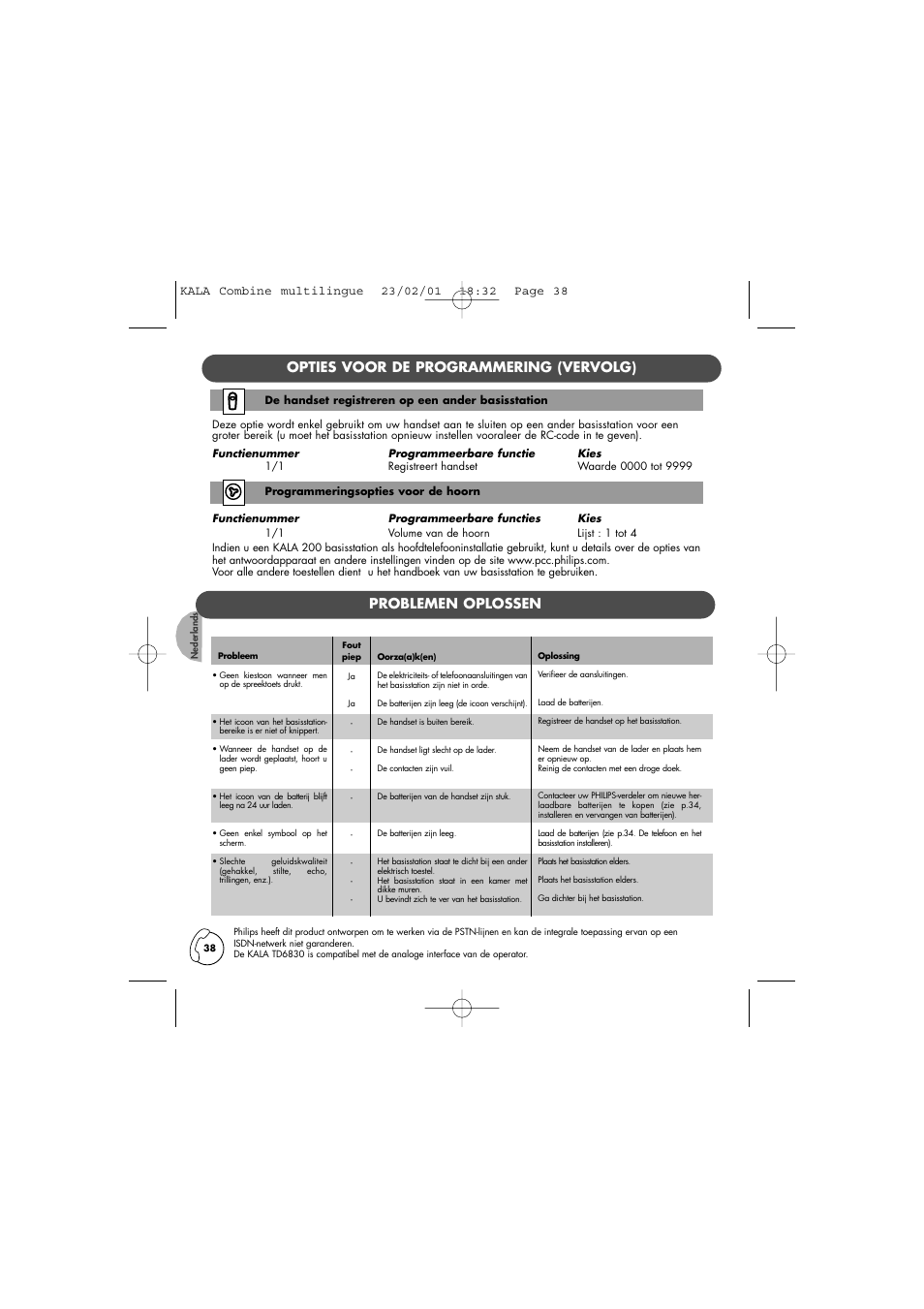 Opties voor de programmering (vervolg), Problemen oplossen | Philips KALA 200 ADDITIONAL HANDSET TD6830 User Manual | Page 39 / 89