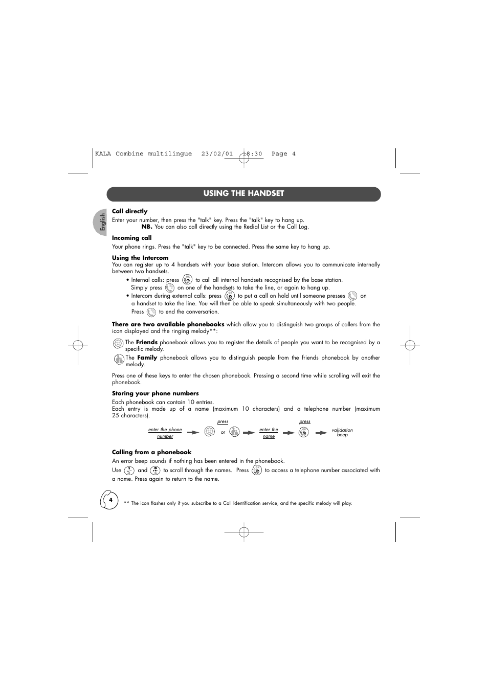 Using the handset | Philips KALA 200 ADDITIONAL HANDSET TD6830 User Manual | Page 5 / 89