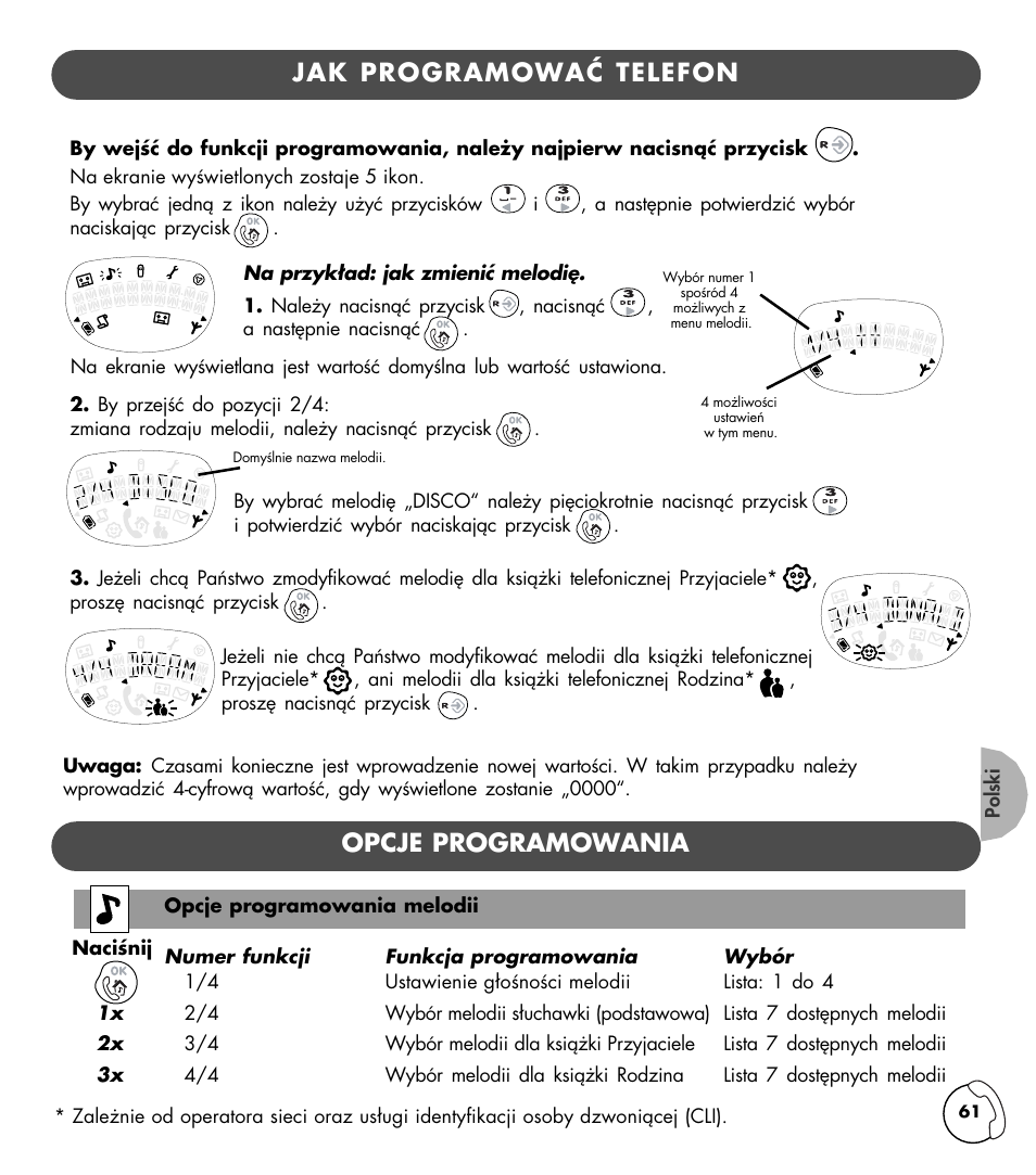 Jak programowaå telefon opcje programowania | Philips KALA 200 ADDITIONAL HANDSET TD6830 User Manual | Page 62 / 89