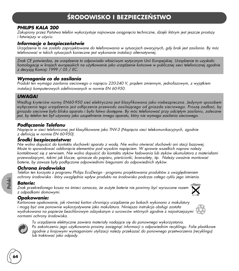 Ârodowisko i bezpiecze¡stwo | Philips KALA 200 ADDITIONAL HANDSET TD6830 User Manual | Page 65 / 89