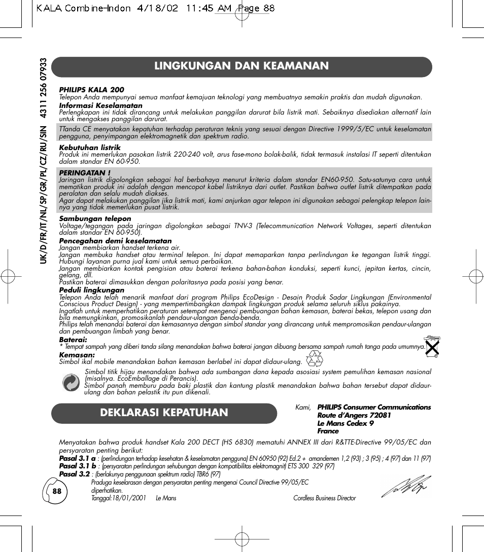 Lingkungan dan keamanan, Deklarasi kepatuhan | Philips KALA 200 ADDITIONAL HANDSET TD6830 User Manual | Page 89 / 89