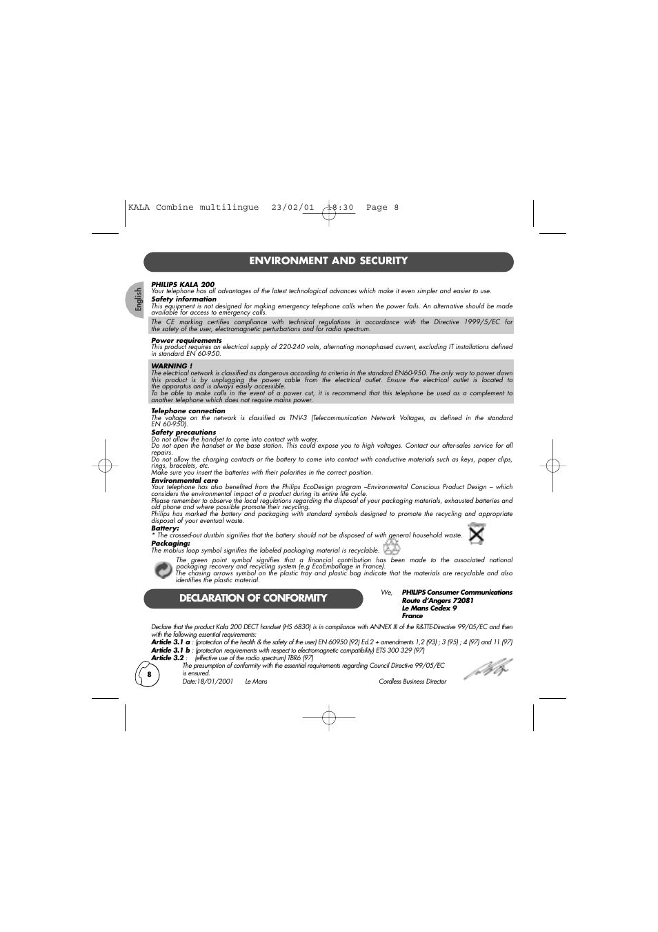 Environment and security, Declaration of conformity | Philips KALA 200 ADDITIONAL HANDSET TD6830 User Manual | Page 9 / 89