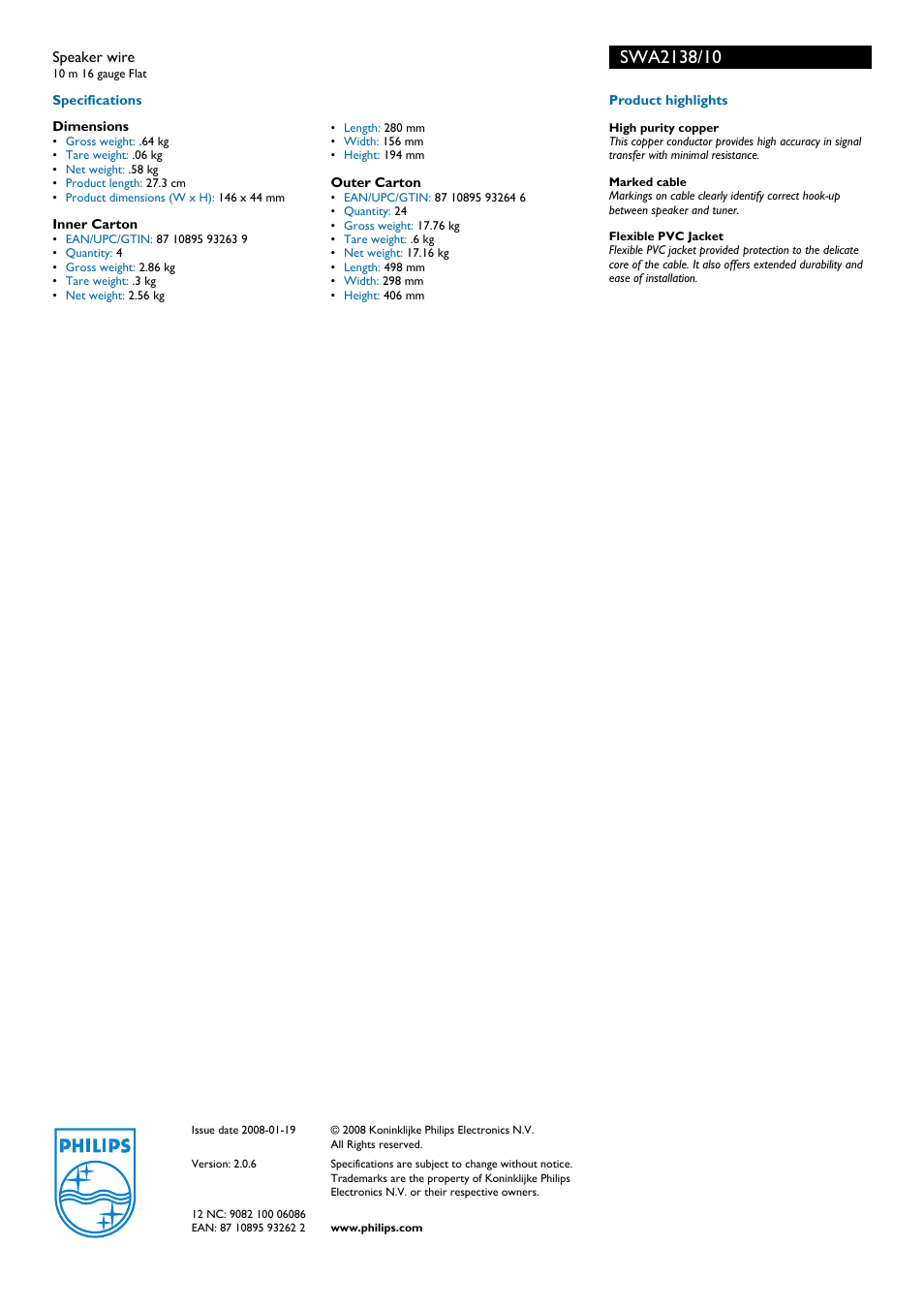 Swa2i38/i0, Philips | Philips SWA2138 User Manual | Page 2 / 2