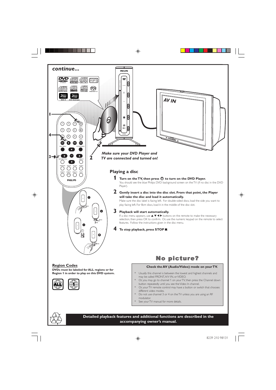 Continue, No picture, Playing a disc | Philips DVD590M/17 User Manual | Page 2 / 2