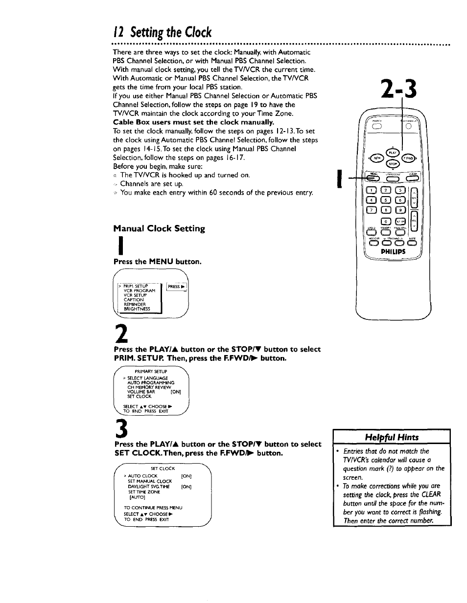 Press the menu button, 12 setting the clock, Manual clock setting | Philips CCB 132AT User Manual | Page 12 / 59