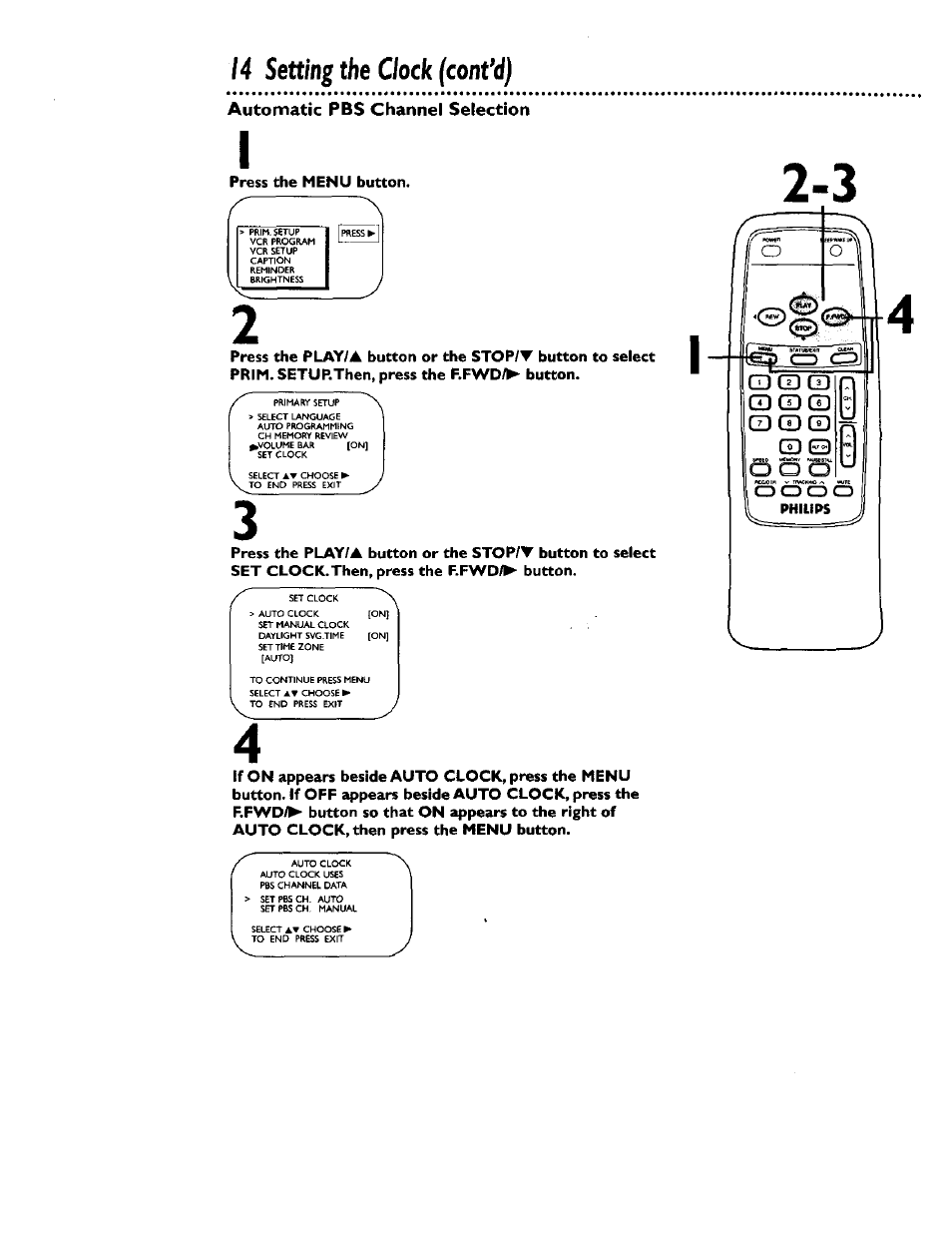 14 setting the clock (confd), Automatic pbs channel selection | Philips CCB 132AT User Manual | Page 14 / 59