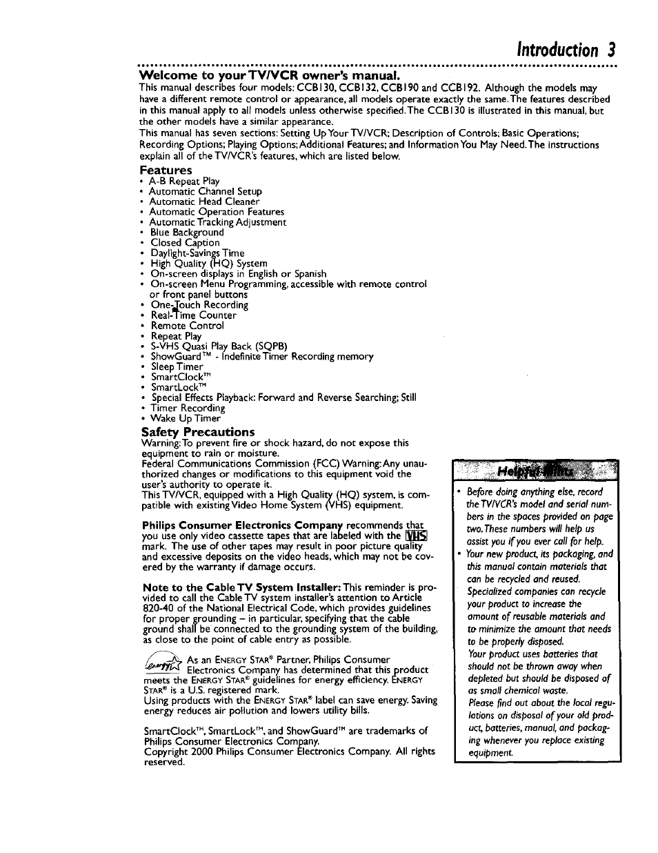 Introduction 3, Welcome to yourtv/vcr owner’s manual, Features | Safety precautions | Philips CCB 132AT User Manual | Page 3 / 59