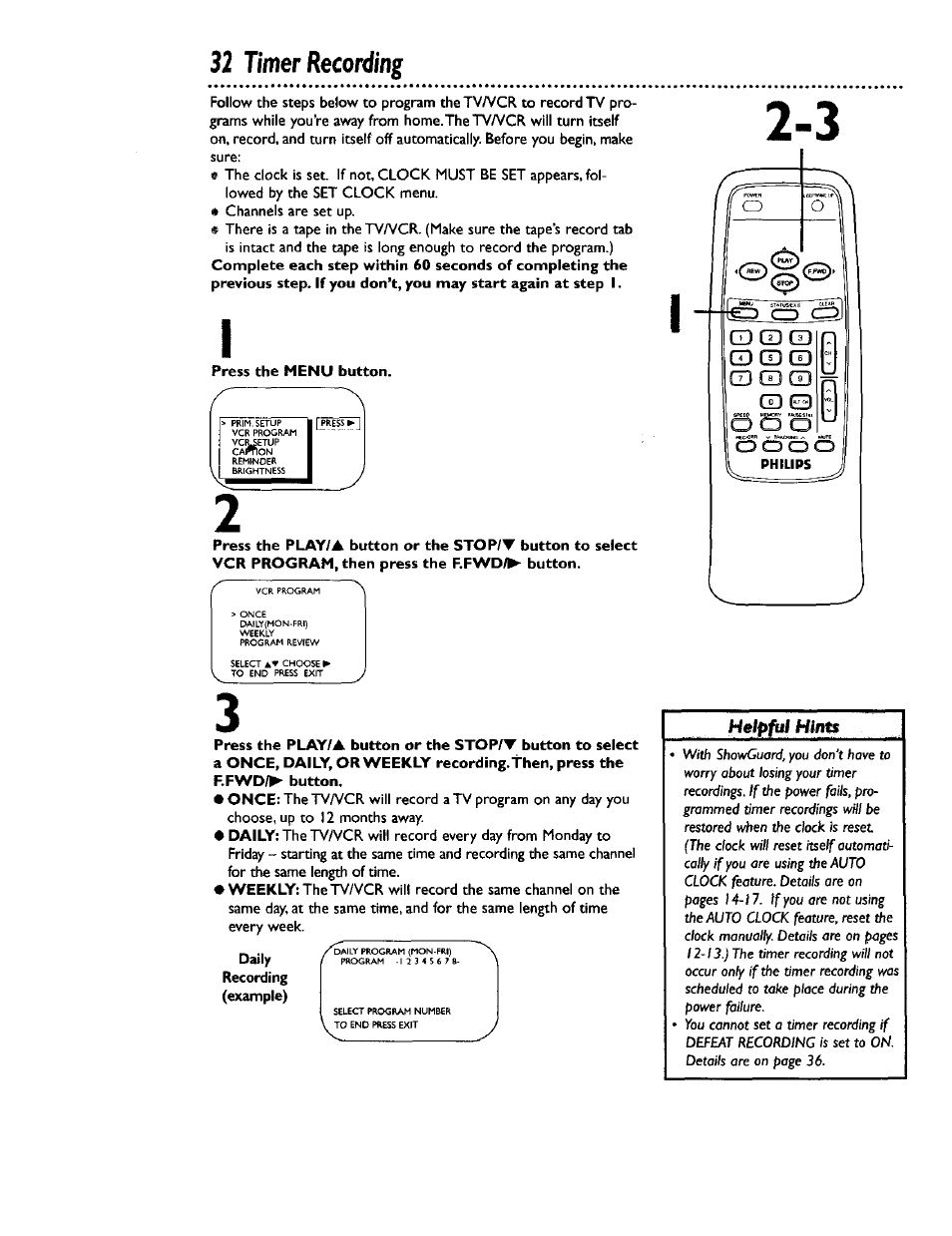 Daily, 32 timer recording | Philips CCB 132AT User Manual | Page 32 / 59