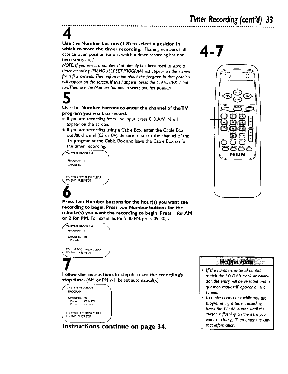 Timer recording (contad) 33, Instructions continue on page 34 | Philips CCB 132AT User Manual | Page 33 / 59