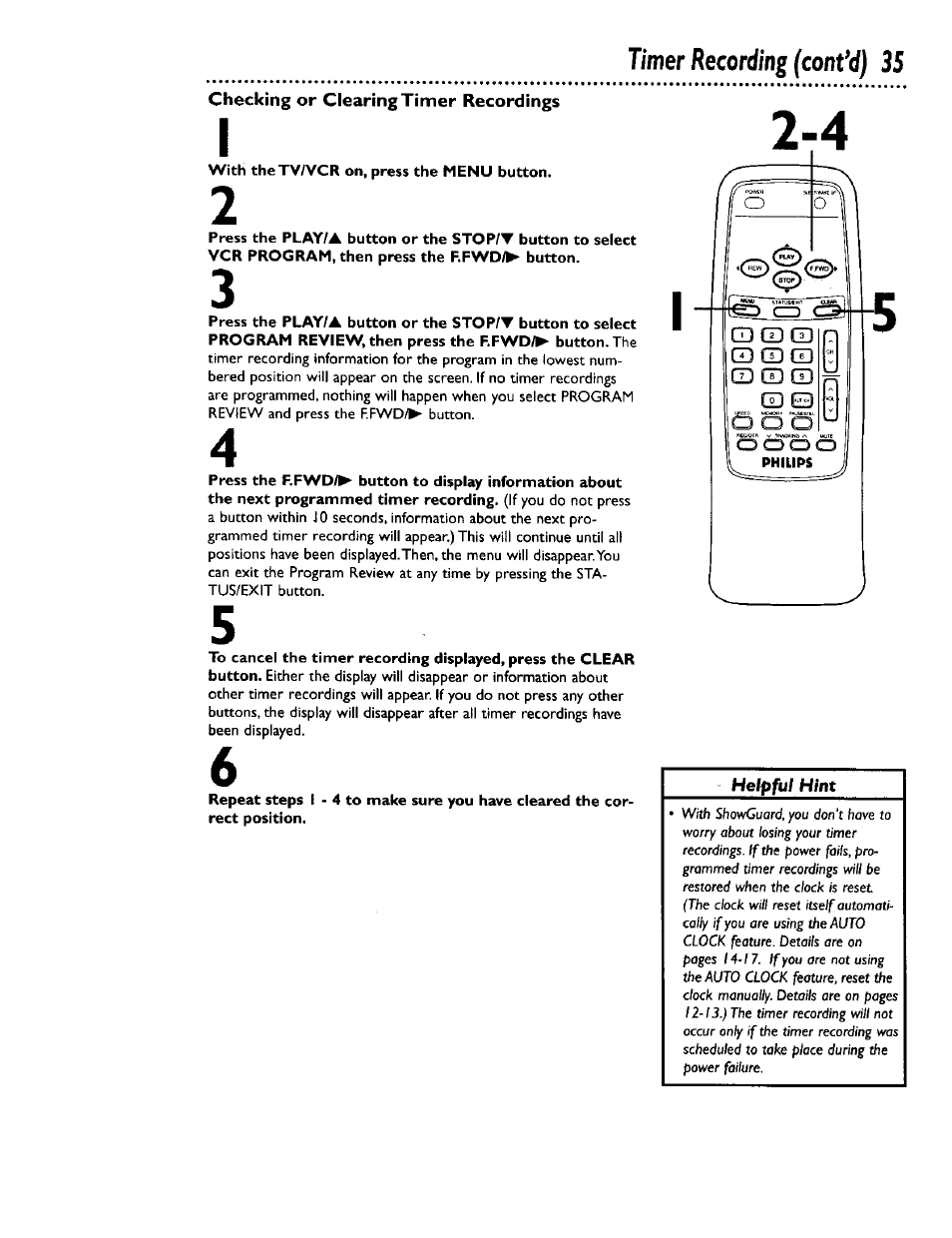 With thetv/vcr on, press the menu button, Timer recording (confd) 35 2"4 | Philips CCB 132AT User Manual | Page 35 / 59