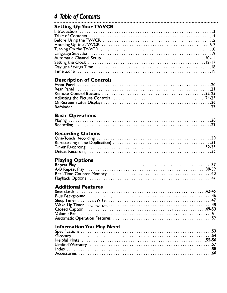 4 table of contents, Setting upyourtv/vcr, Description of controls | Basic operations, Recording options, Playing options, Additional features, Information you may need | Philips CCB 132AT User Manual | Page 4 / 59
