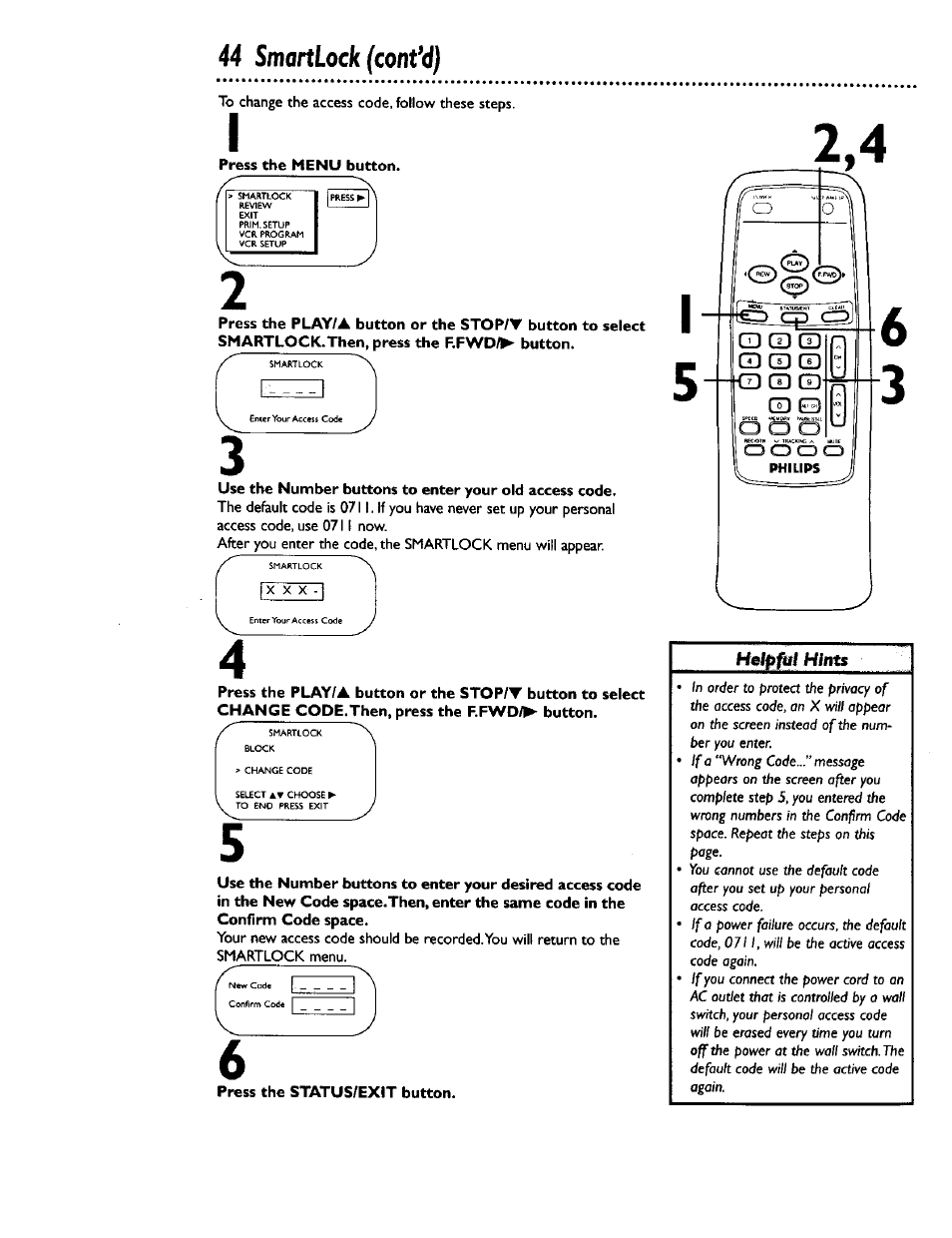 Press the menu button, Press the status/exit button, 44 smartlock (confd) | Helpfih hints | Philips CCB 132AT User Manual | Page 44 / 59