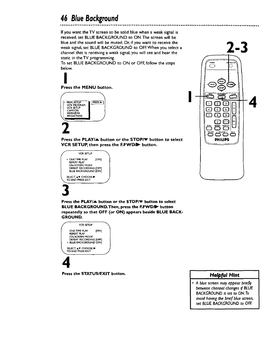 Press the status/exit button, 46 blue bacl^round | Philips CCB 132AT User Manual | Page 46 / 59