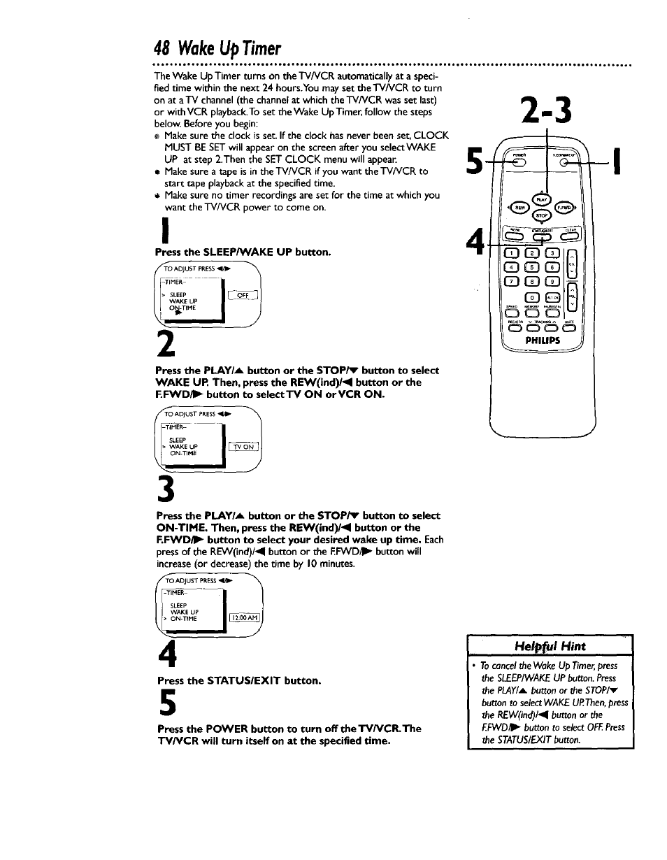 Press the sleep/wake up button, Press the status/exit button, 48 wake up timer | Philips CCB 132AT User Manual | Page 48 / 59