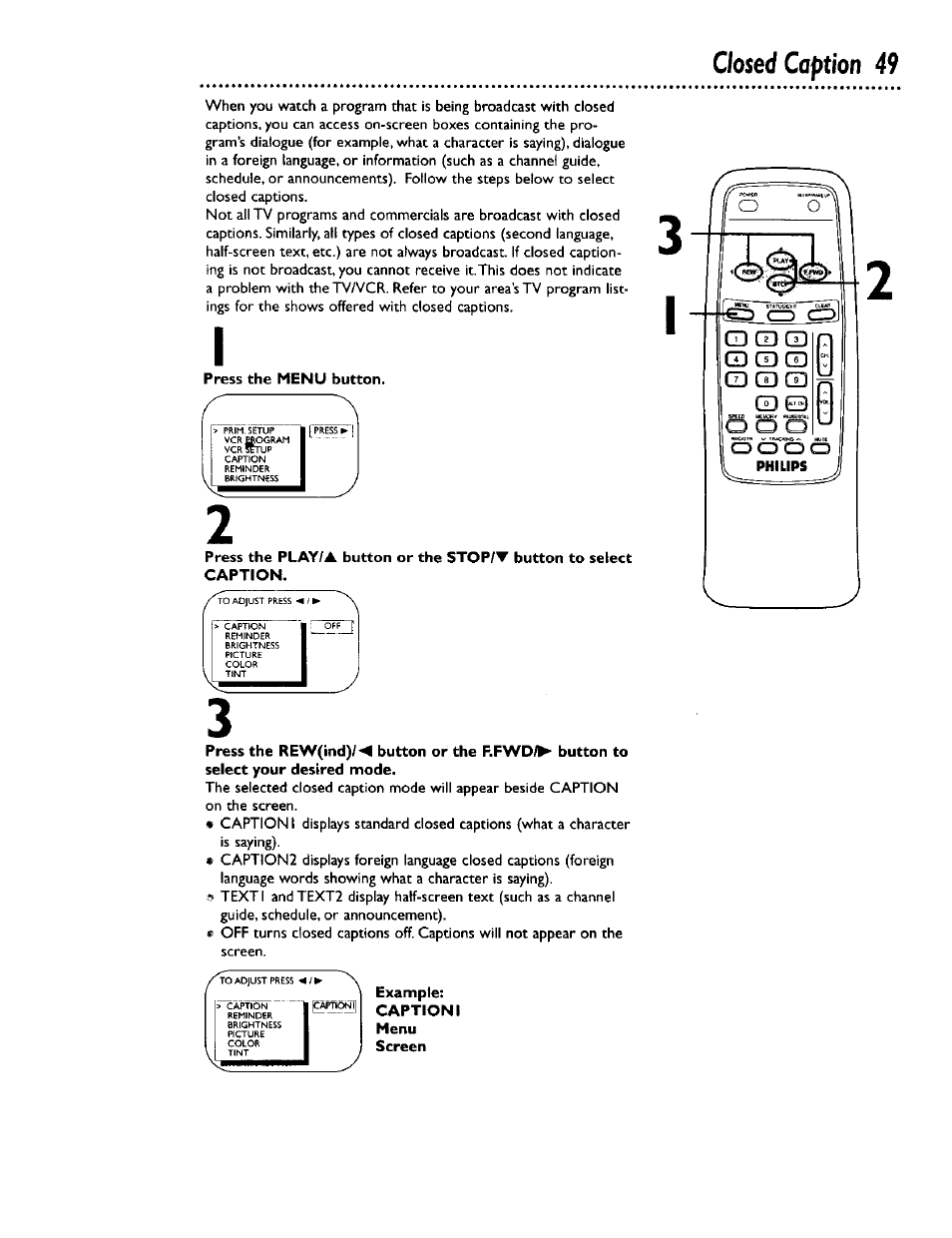 Press the menu button, Closed caption 49 | Philips CCB 132AT User Manual | Page 49 / 59