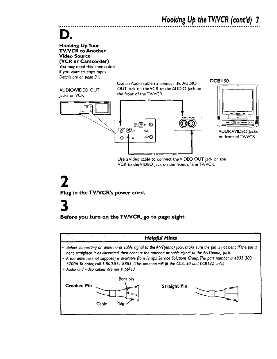 Straight pin, Hooking up the tvivcr (ant’d) 7 | Philips CCB 132AT User Manual | Page 7 / 59