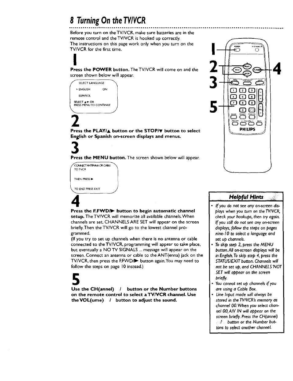 8 turning on the tyivcr | Philips CCB 132AT User Manual | Page 8 / 59