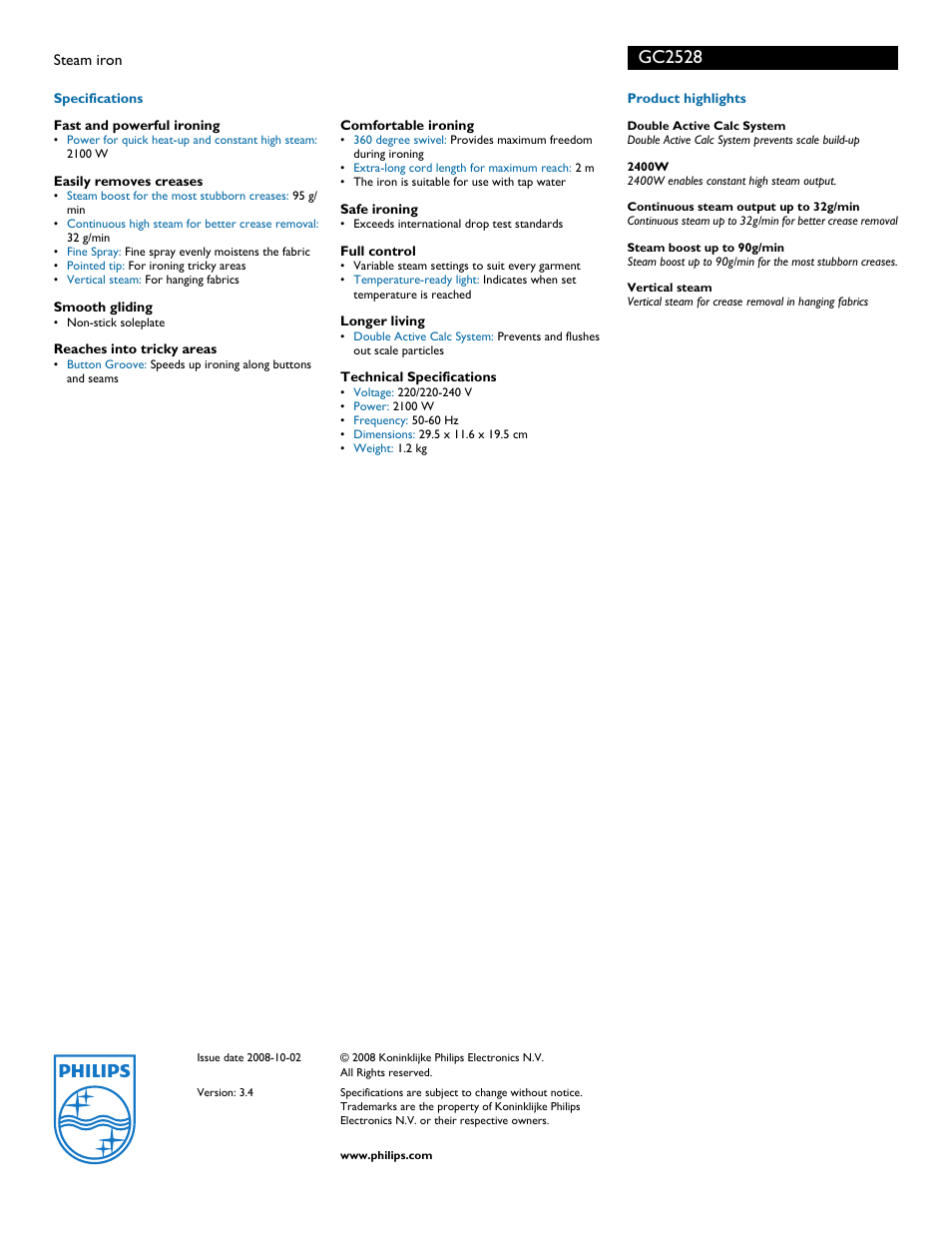 Gc2528 | Philips GC2528  EN User Manual | Page 2 / 2